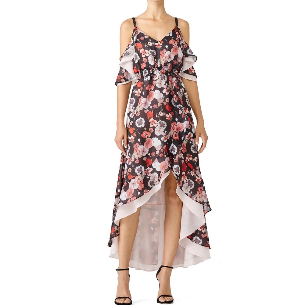 Unitedwood Womens Floral Cold Shoulder High-Low Midi Dress Black Pink Size 2